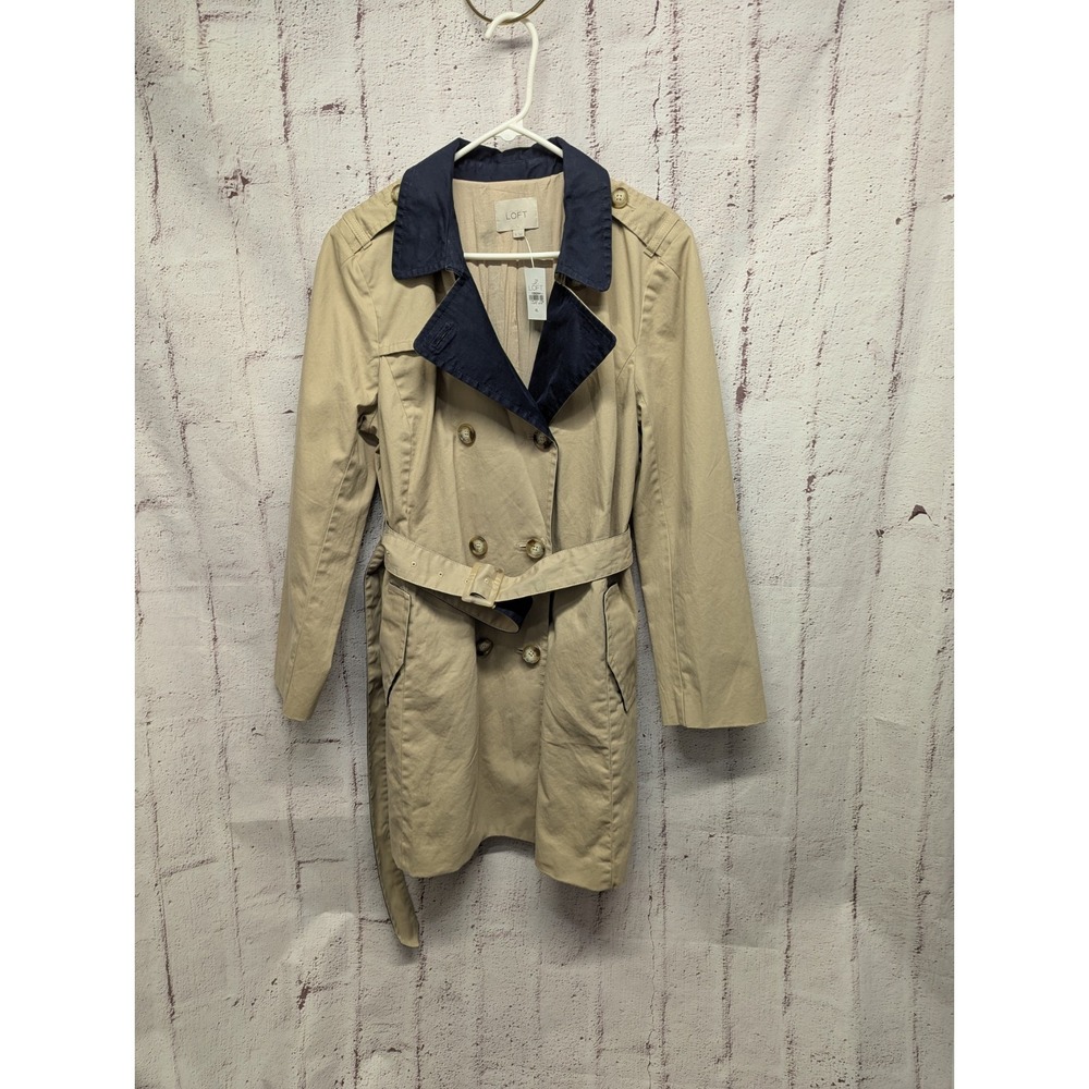 Loft Women's Lined Midi Trench Coat W/Belt Sz XL Tan Beige Navy‎ NWT